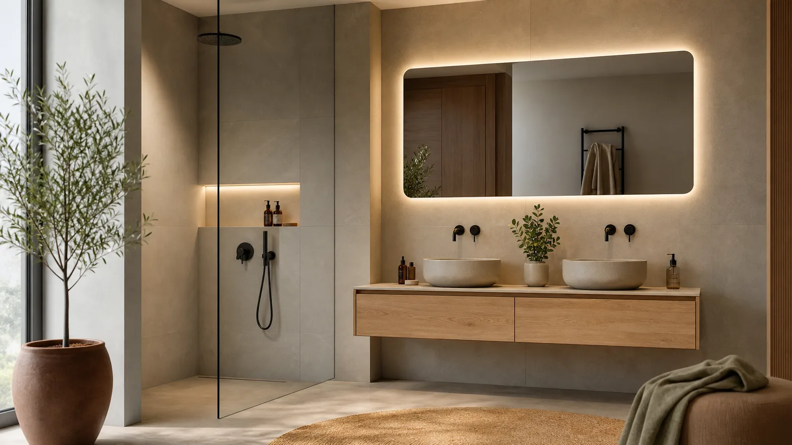 Baie modernă cu gresie mare gri deschis, mobilier suspendat din lemn deschis, oglindă cu lumină integrată și baterii negre mate