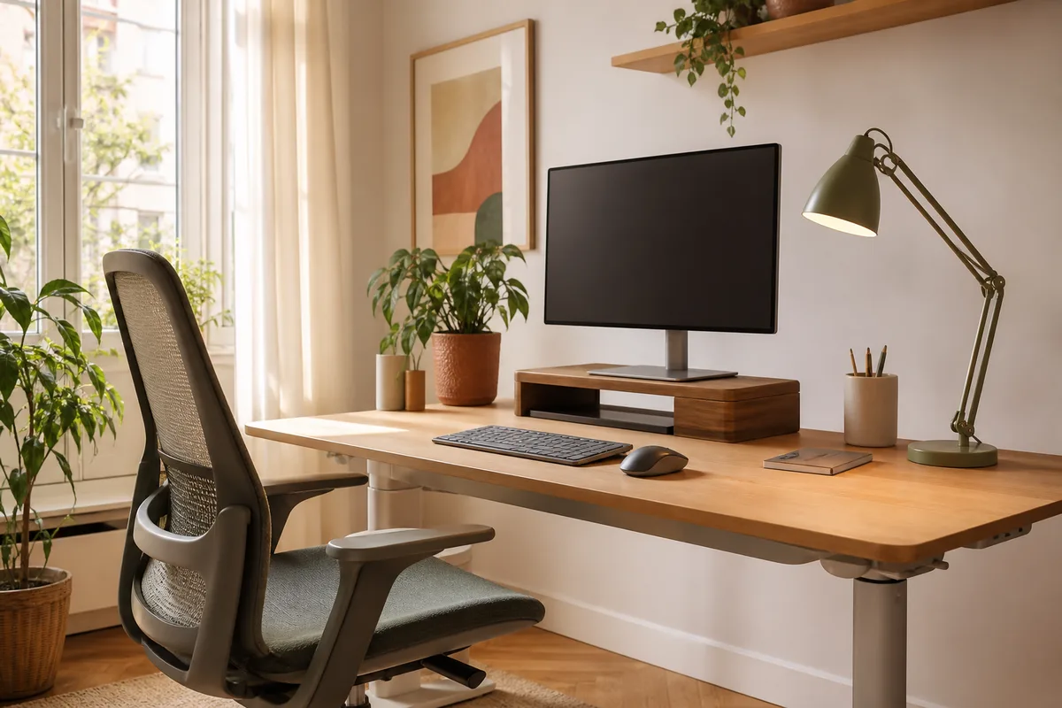 Detaliu de birou ergonomic cu monitor la nivelul ochilor pe suport, tastatură separată, scaun cu susținere lombară și lampă orientabilă