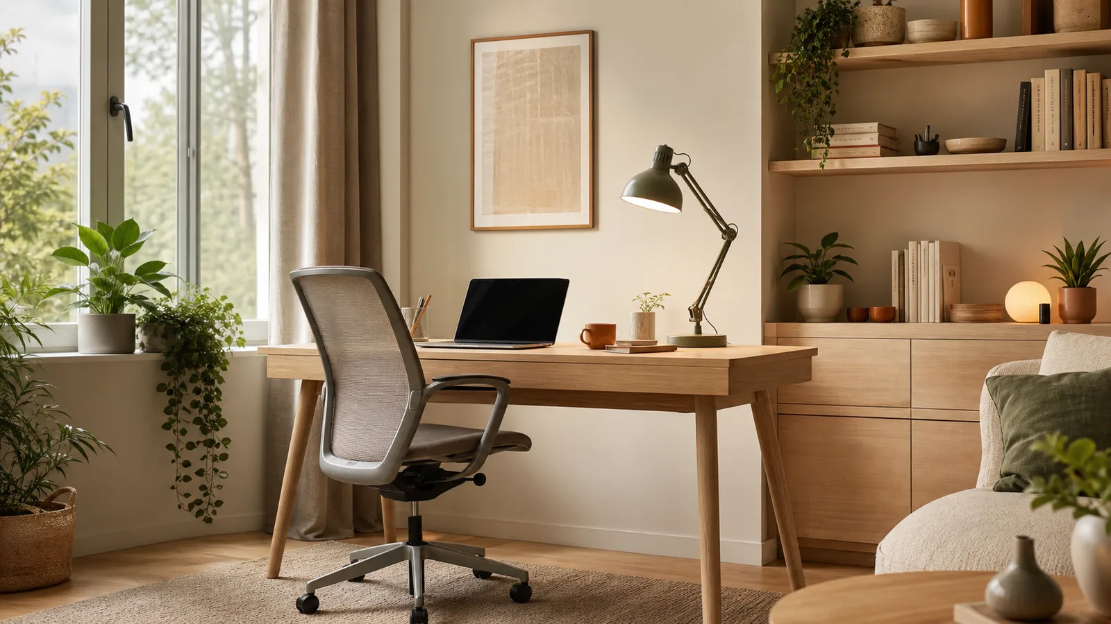 Birou de acasă lângă fereastră cu blat din lemn deschis, scaun ergonomic, lampă de birou și raft cu cărți și plante pe fundal neutru