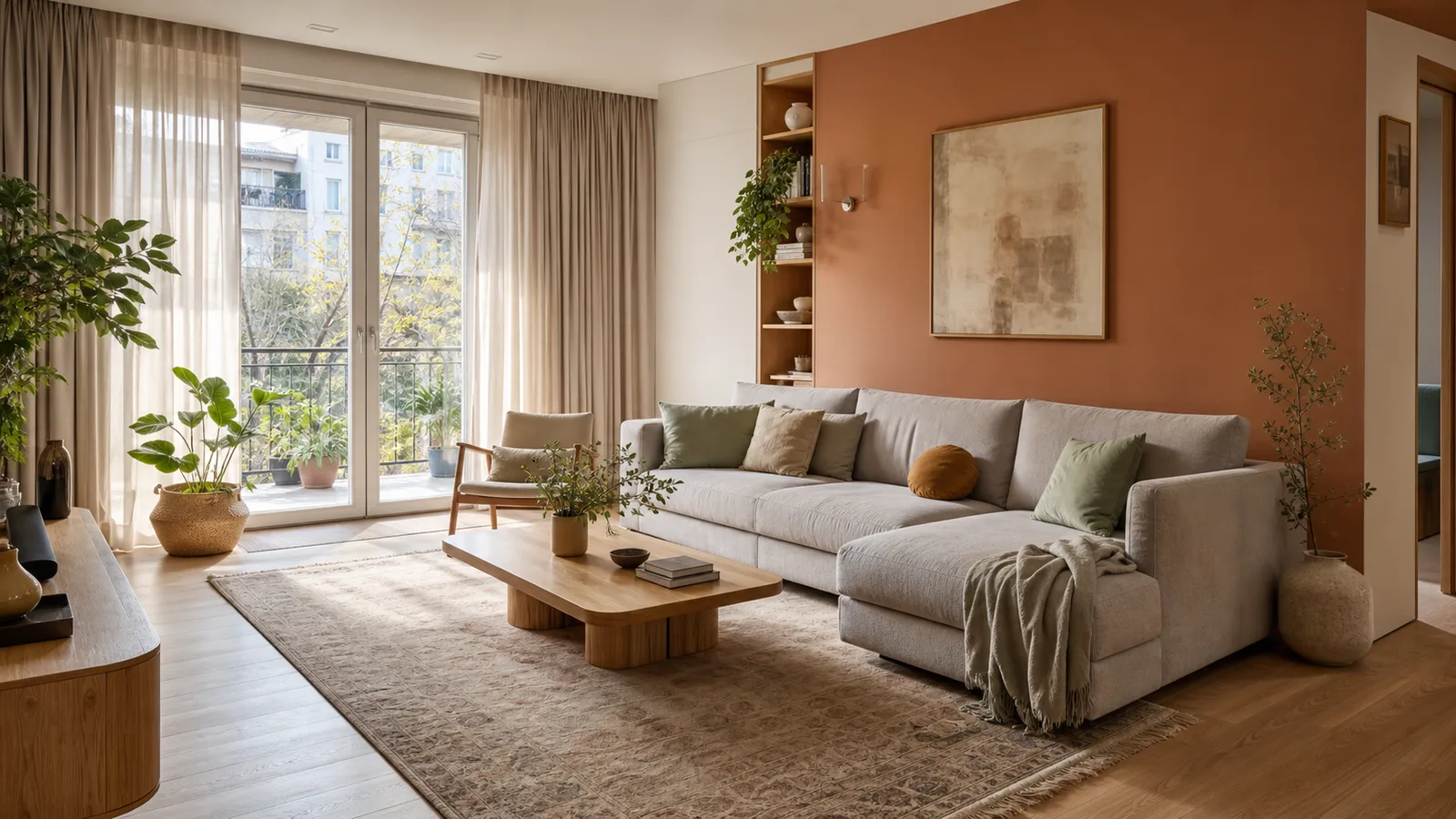 Living modern luminos cu canapea gri-bej, covor amplu, masă de cafea din lemn deschis și perete de accent în tonuri calde