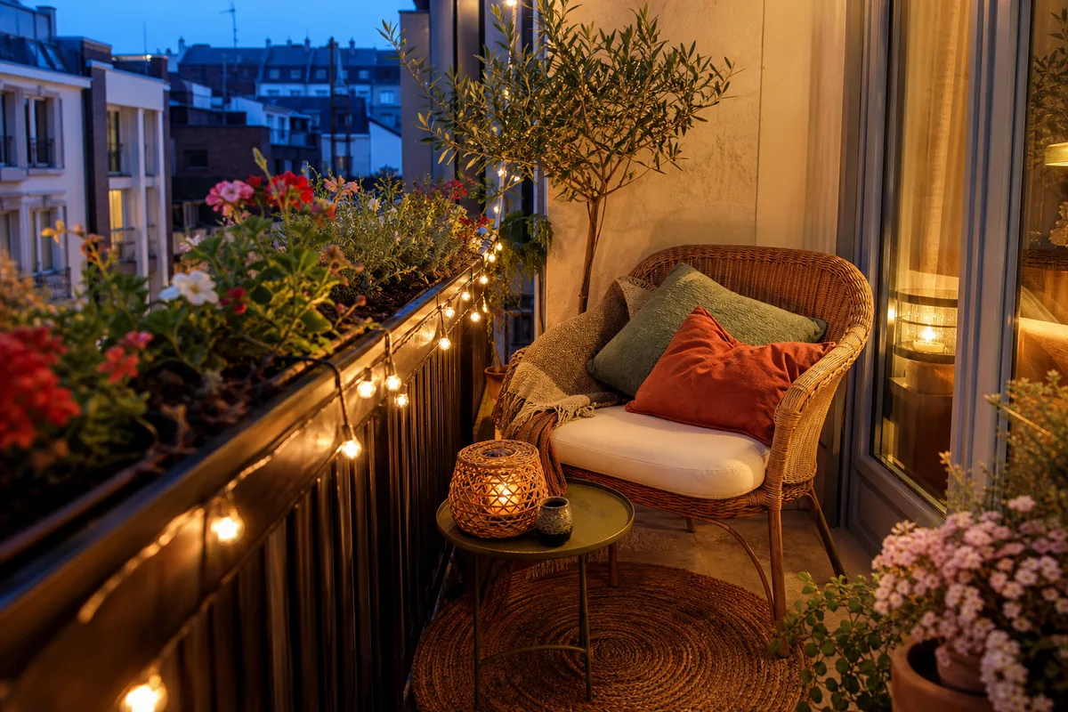 Balcon compact amenajat cu mobilier din ratan, perne colorate, jardiniere agățate pe balustradă și un șir de beculețe calde
