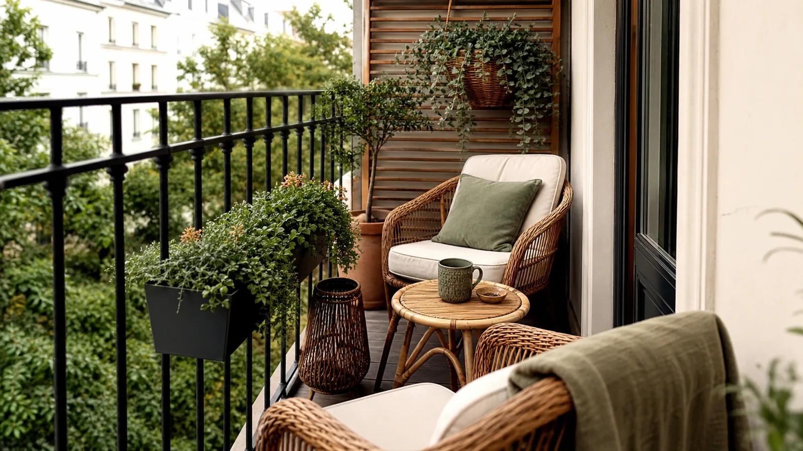 Balcon îngust amenajat cu mobilier compact din ratan, perne textile, plante în ghivece agățate și o mică masă rotundă