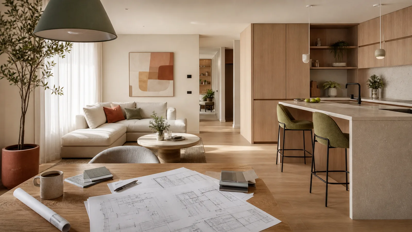 Apartament amenajat cu living deschis spre bucătărie, mobilier de calitate mijlocie, pardoseală din lemn deschis și liste de buget pe o masă de lucru