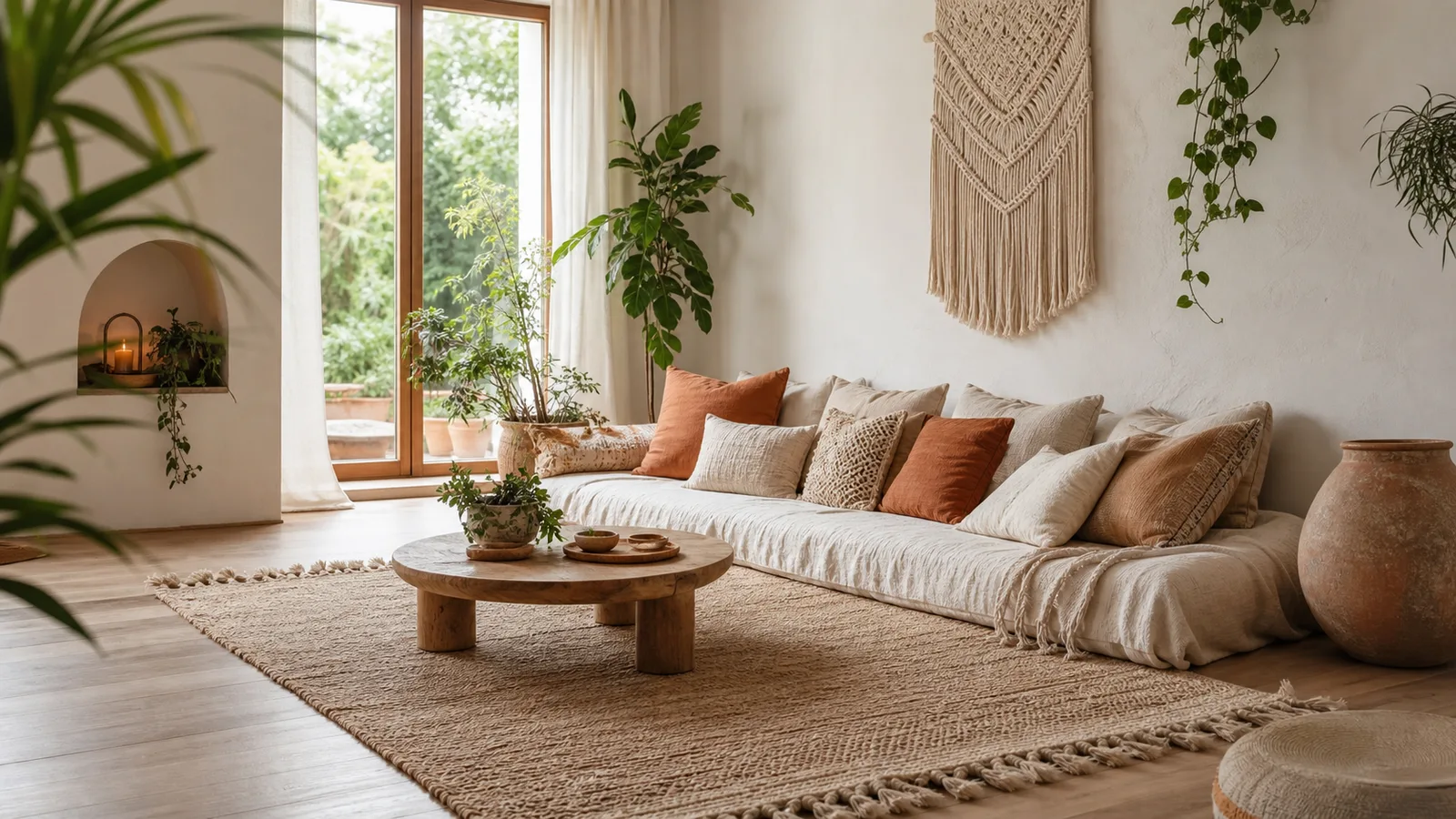 Living boho chic cu canapea joasă, perne texturate în tonuri de teracotă și crem, macrameu pe perete, multe plante verzi și covor cu franjuri
