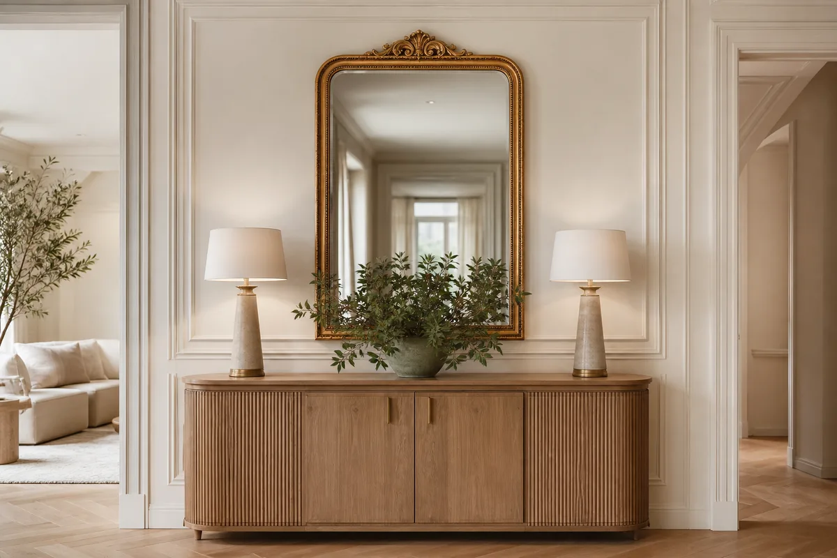 Detaliu clasic elegant cu oglindă cu ramă aurie deasupra unei console, o pereche de veioze identice și lambriuri albe cu baghete decorative