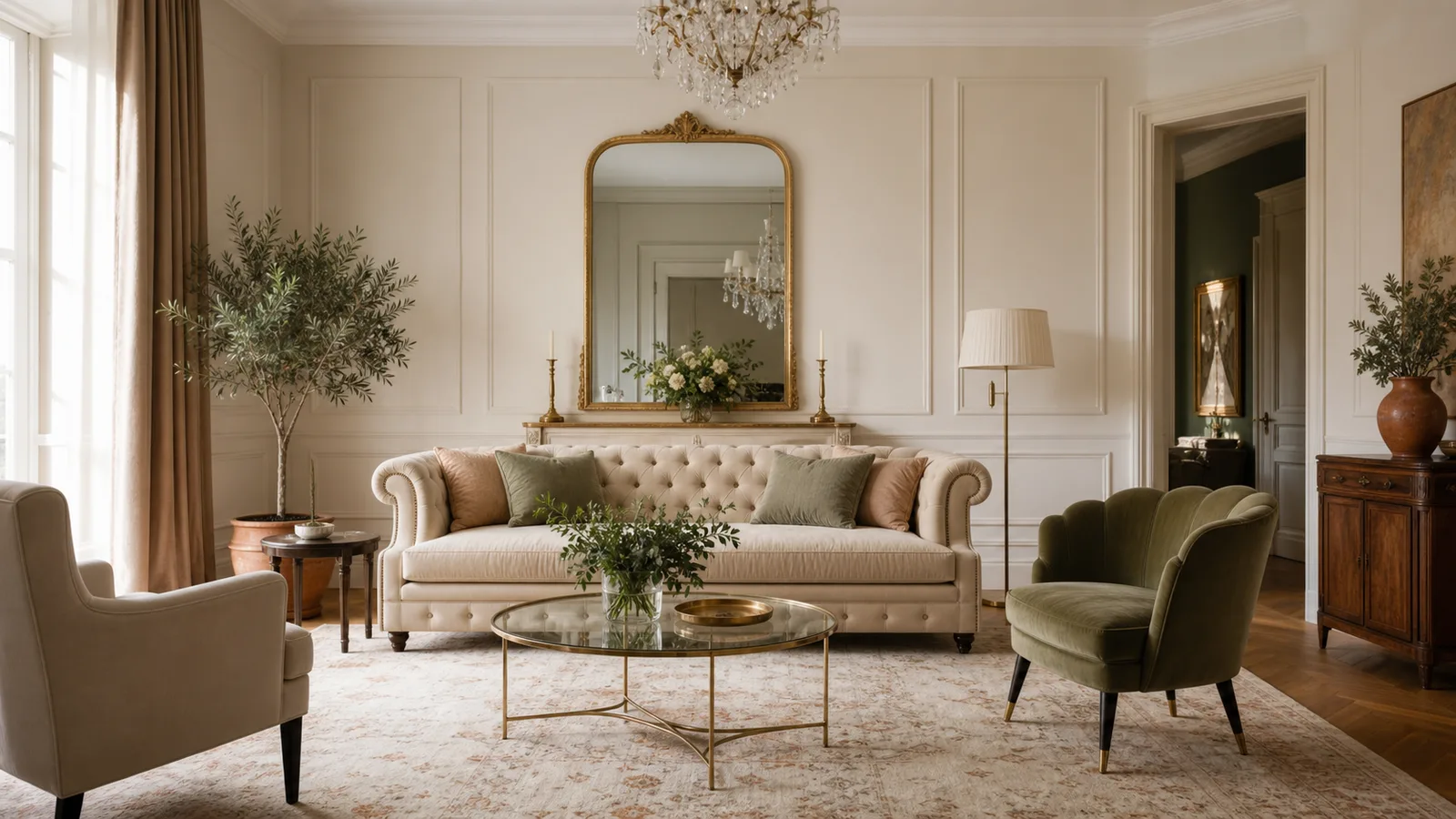 Living clasic elegant cu canapea capitonată bej, oglindă cu ramă aurie, lambriuri albe, candelabru și paletă de neutre calde