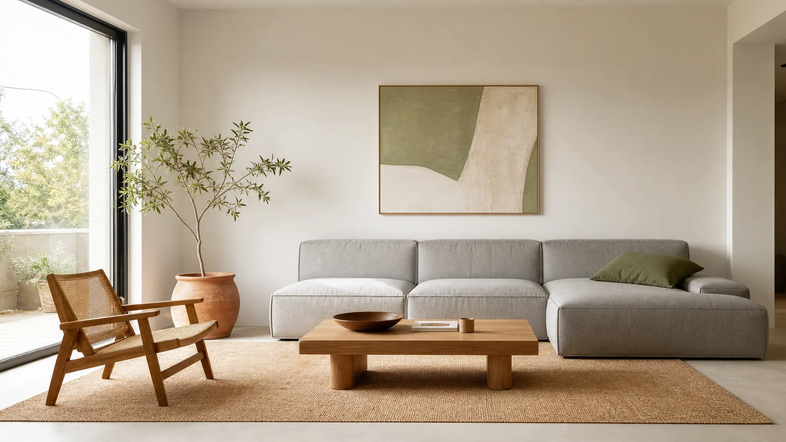 Living minimalist cu pereți albi, o canapea joasă gri, o masă de cafea simplă și o singură lucrare de artă pe perete, suprafețe libere și multă lumină