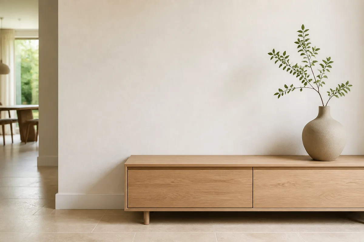 Colț minimalist cu perete alb, o consolă joasă din lemn deschis, o vază de ceramică mată și o singură ramură verde, restul suprafeței lăsat gol