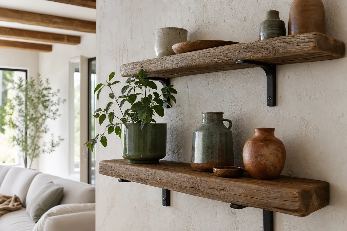 Detaliu de raft rustic modern din lemn recuperat cu console de metal negru, ceramică smălțuită și o plantă verde