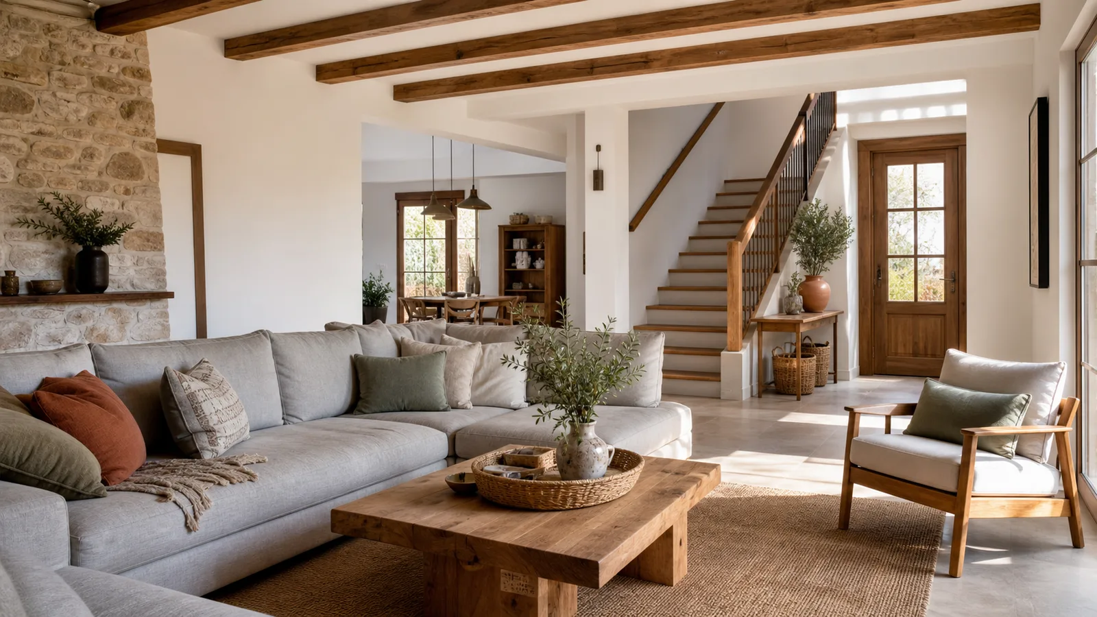 Living în stil rustic modern cu grinzi aparente de lemn, canapea gri deschis, masă din lemn masiv și pereți albi cu accente de piatră naturală