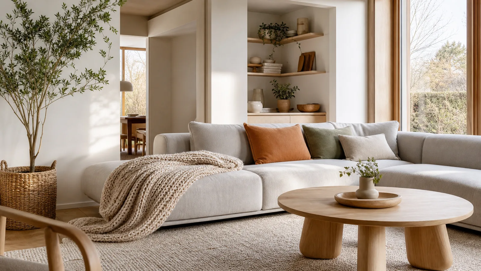 Living scandinav luminos cu pereți albi, canapea gri deschis, lemn de mesteacăn, textile din lână și o pătură împletită aruncată neglijent