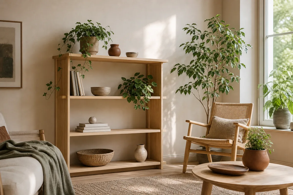 Colț de living scandinav cu raft din lemn de frasin, plante verzi în ghivece de ceramică și lumină naturală care intră lateral prin fereastră